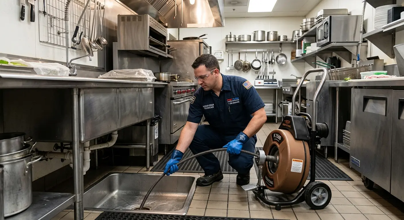 Commercial drain cleaning service in a restaurant kitchen in Rice Lake