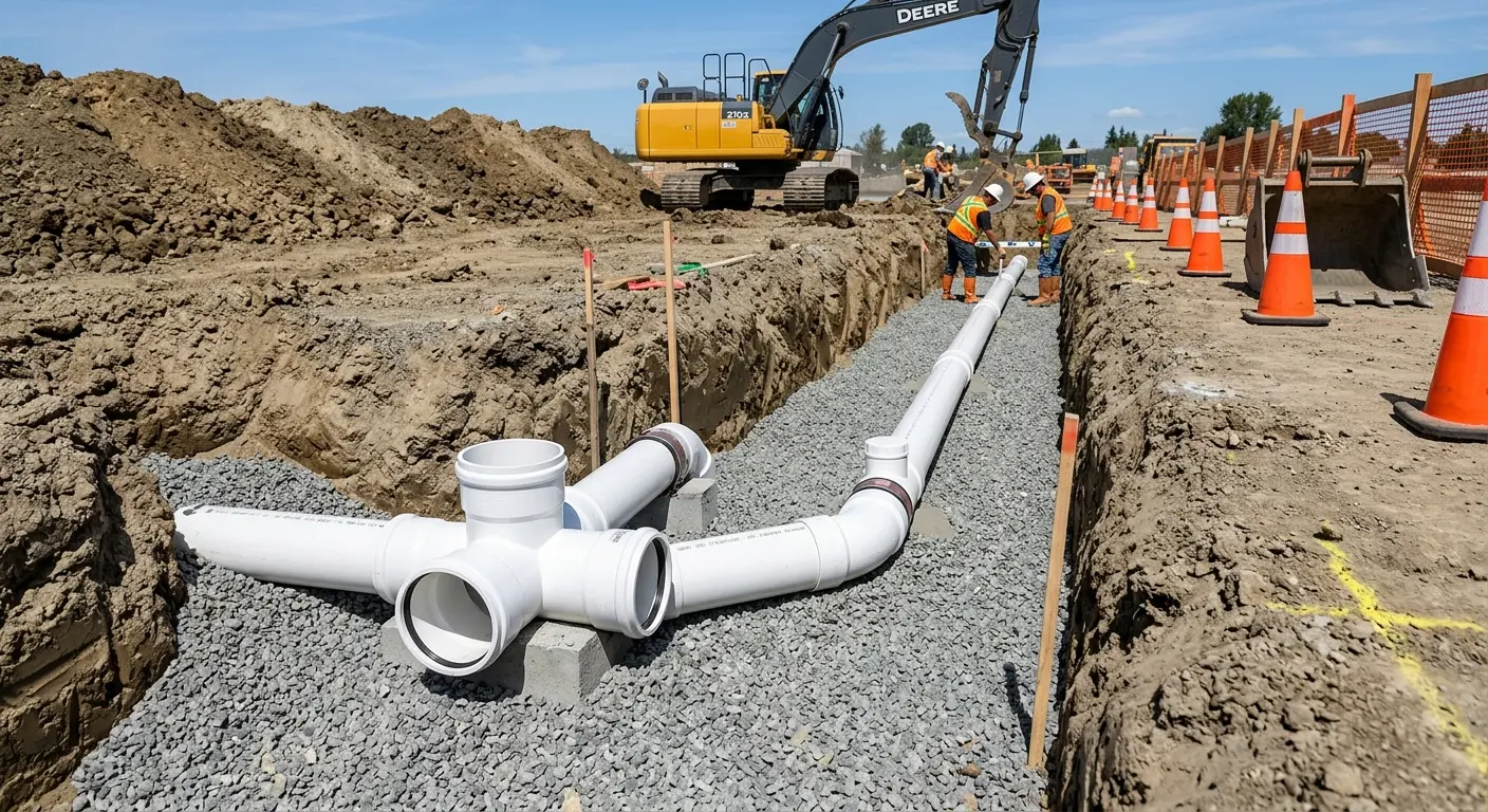 New PVC sewer pipe installation in open trench for Sewer Backup in Rice Lake