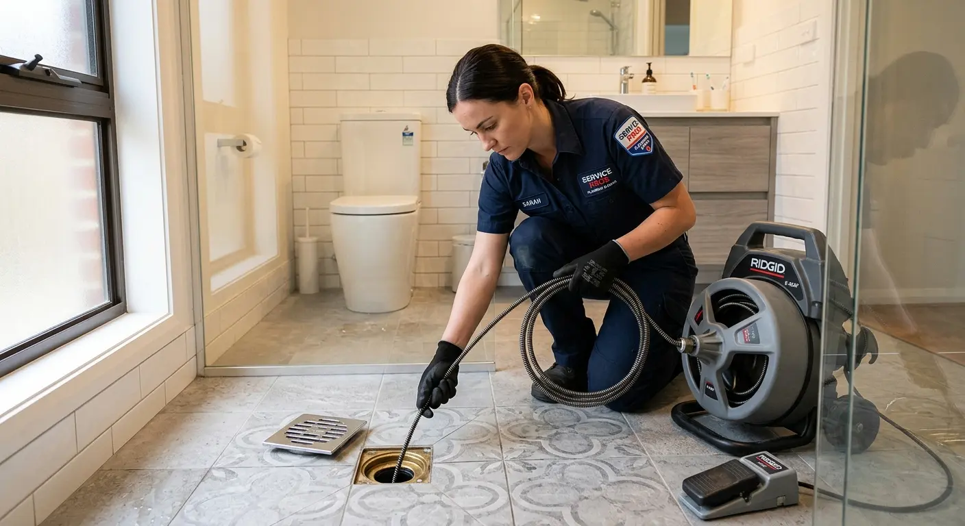 Technician clearing a bathroom floor drain for Sewer Line Installation in Rice Lake